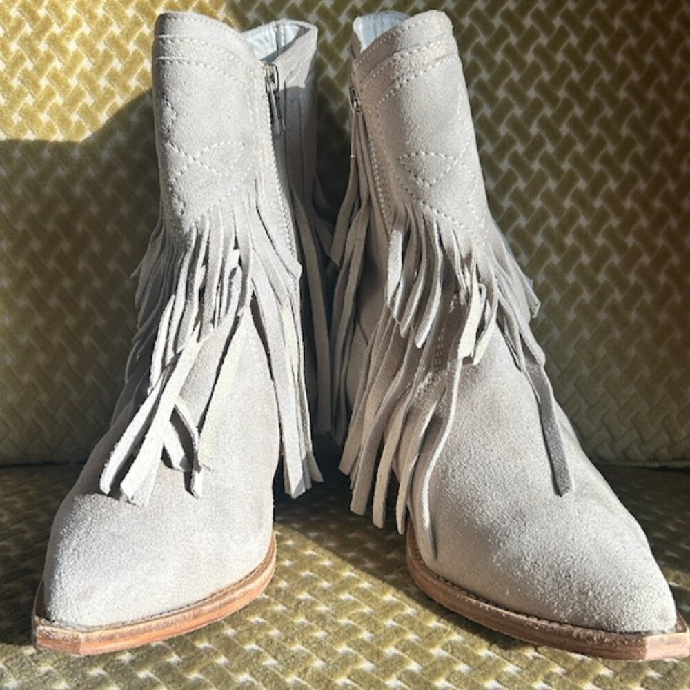 Free People Lawless Fringe Western Bone Suede Pointed Toe Cowboy Boots
